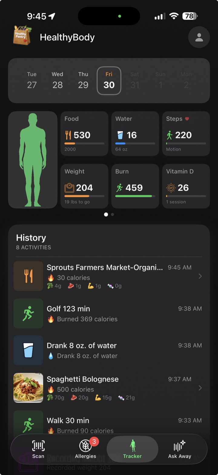 HealthyPantry tracker: daily food, water, steps, weight, burn and vitamin D, with a history of logged meals and activities