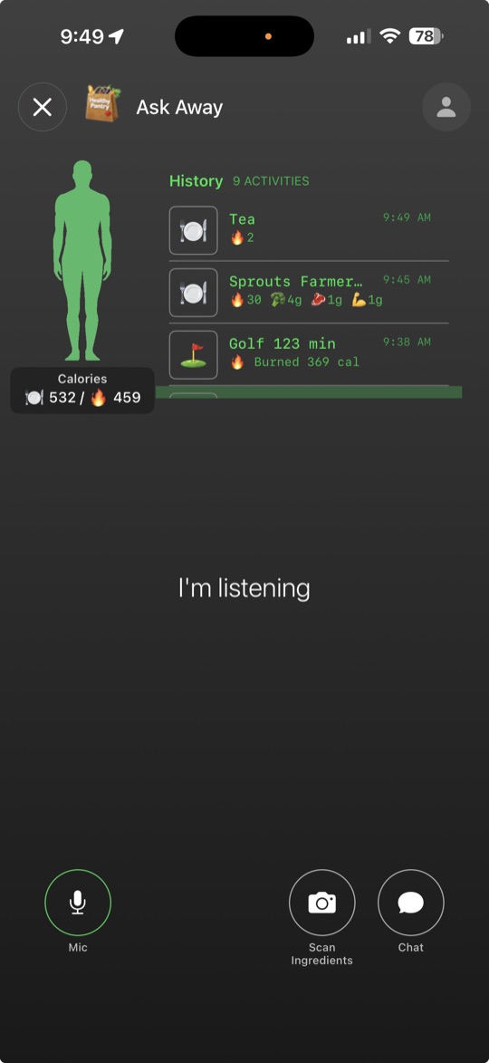 HealthyPantry Ask Away voice coach listening, with today's calories and history